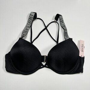 Victoria Secret 32A Bombshell Push Up Bikini Top Shine Strap LOGO Black